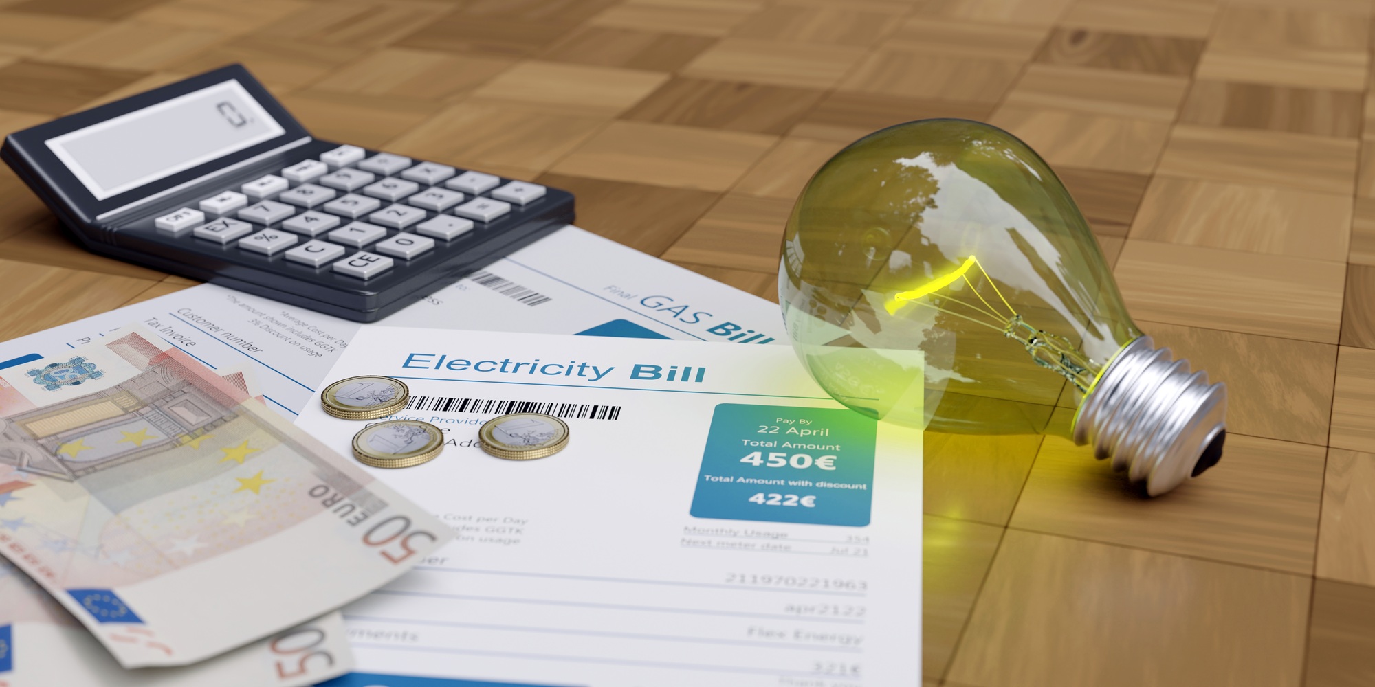 Electricity bill, euro banknote, light bulb and calculator. Household cost calculation